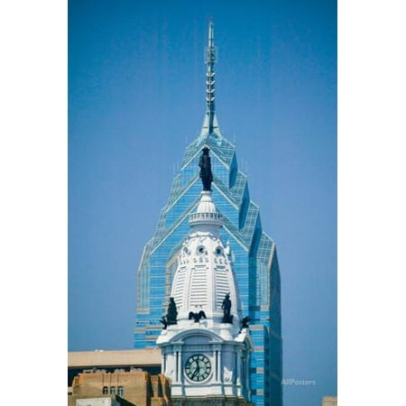 - Statue of William Penn on the top of the renovated City Hall and a modern office building behind... Print Wall Art