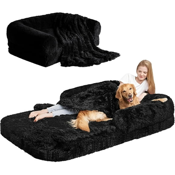 Foldable Human Dog Bed, Orthopedic Memory Foam Human Sized Dog Bed, Waterproof Pet Bed for People, Faux Fur Pet Couch for Adult, Black, 72"x44"x11"