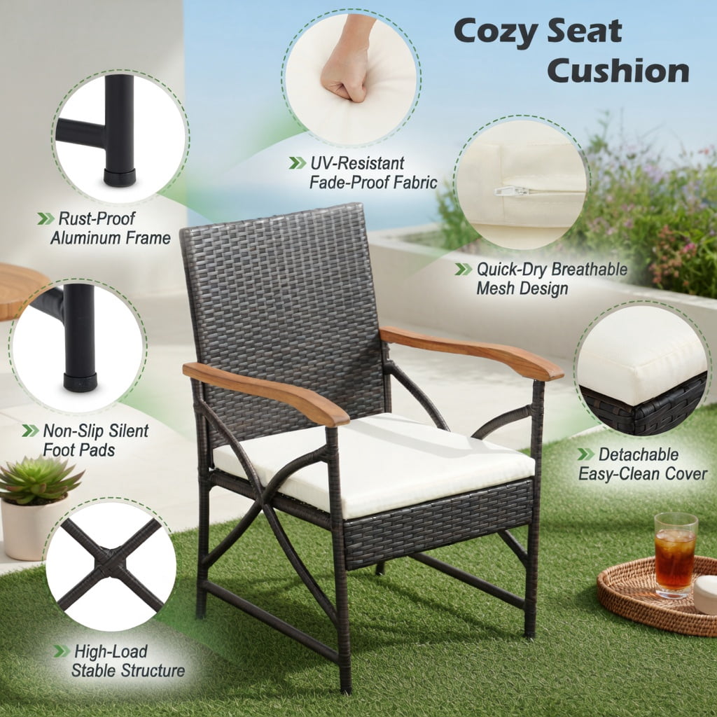 Hommoo Set of 4 Wicker Patio Chairs with Off-White Zippered Cushions, PE Rattan & Acacia Wood Outdoor Seating for Backyard, Poolside & Porch, Brown
