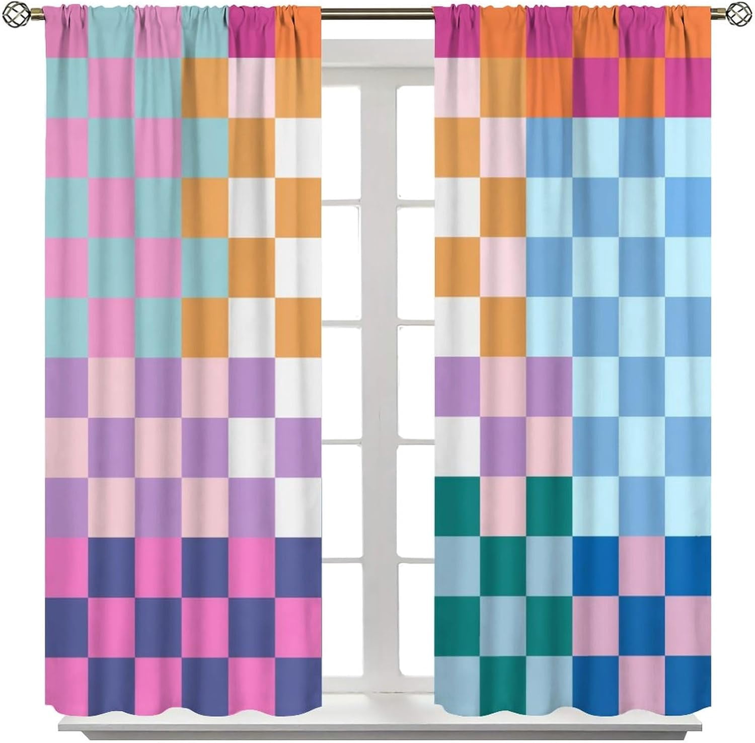 Flower Green Kitchen Curtains, Blue Pink Daisy Wildflower Floral Botanical 3-Piece Kitchen Curtain Valance and Tiers Set 36 Inch Length, Rod Pocket Half Window Curtains for Cafe Living Room Bathroom