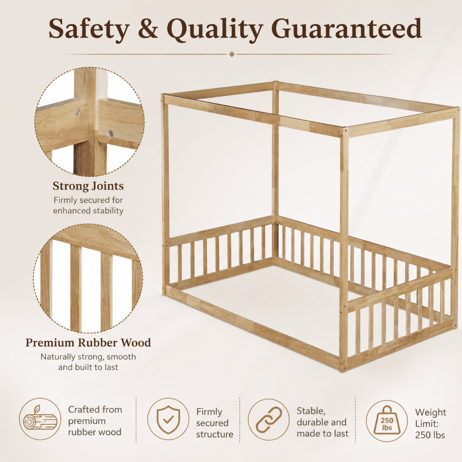 Miniyam Wood Twin Size Canopy Floor Bed with Guardrails for Kids and Teens, Natural
