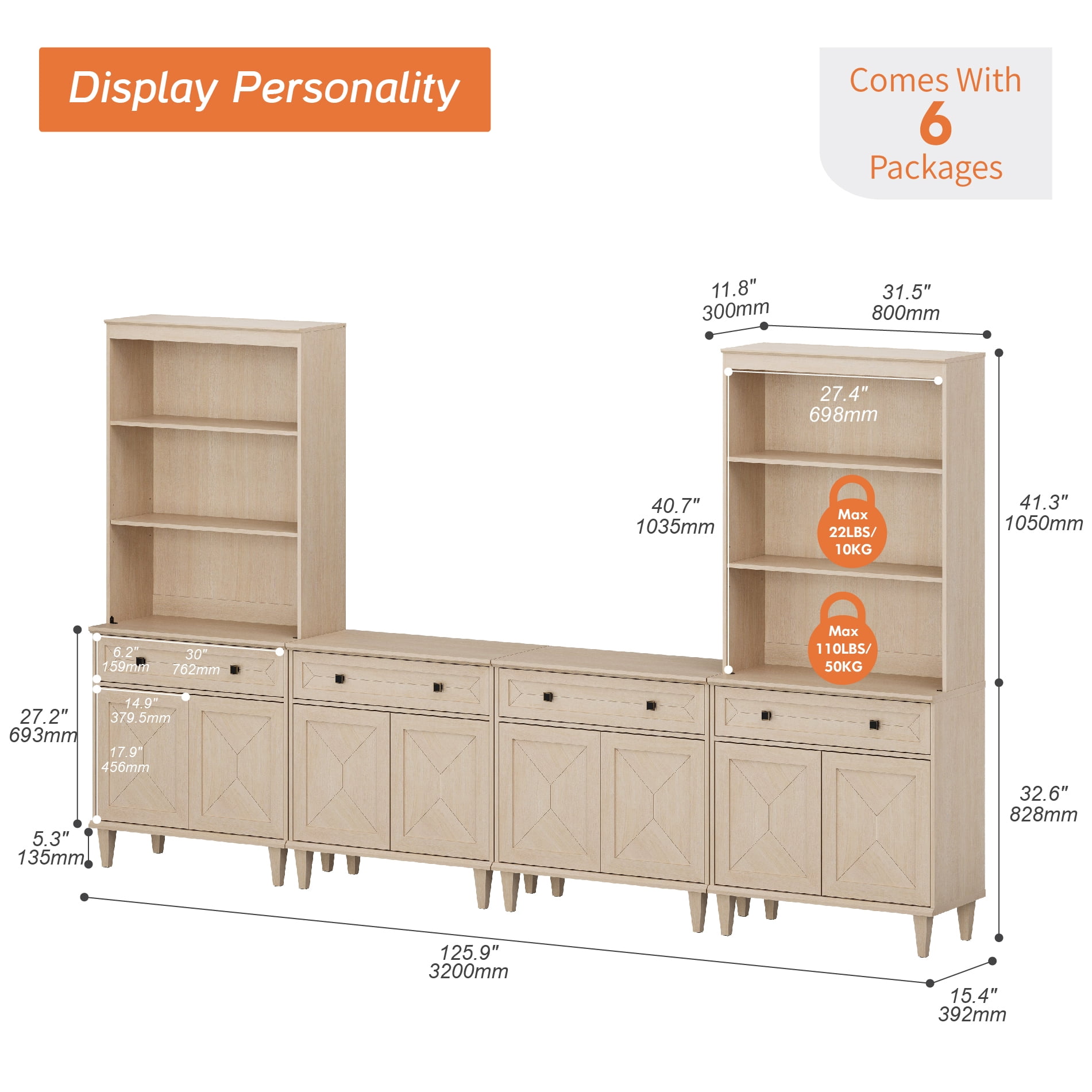 WAMPAT Patchwork 126" TV Stand with Cabinets and Shelves for 70" TV,Beige