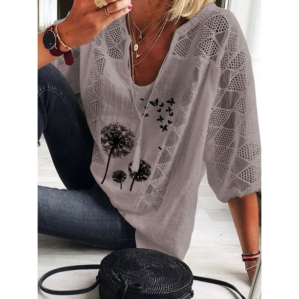 Blusa de siete mangas con escote en U y costuras con estampado de encaje europeo y americano de Loose desire