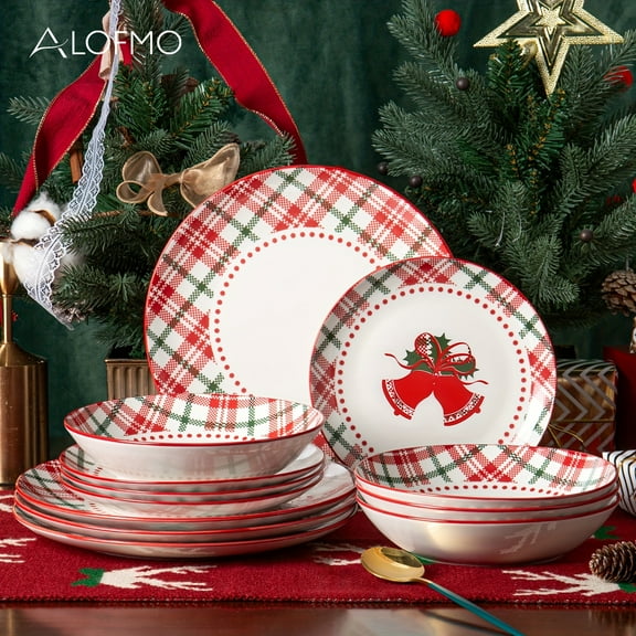 ALOFMO 12 Piece Christmas Red Dinnerware Set with Color Box, Bowl and Plate Set for 4