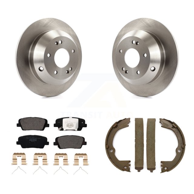 Transit Auto Rear Disc Rotors Ceramic Pads and Parking Brake Shoes Kit for Car 2014-2015 Kia Sorento with Red Painted Calipers K8T-105407