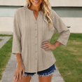 thumbnail image 3 of 3/4 Length Sleeve Womens Tops Cotton Linen V Neck Button Up Pleated Relaxed Fit Dressy Casual Office Work T Shirts, 3 of 5