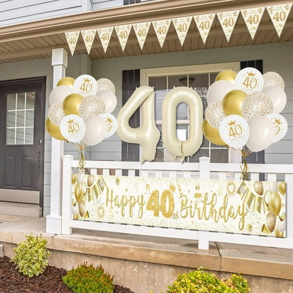 SPECOOL 40th Birthday Decorations for Men Women, Sand White Gold 40th Birthday Party Kit with Happy 40th Birthday Banner, Beige Gold Confetti Balloons Triangle Flag Banner Number 40 Balloon