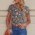 thumbnail image 6 of KLL Women 's Crew Neck Bodysuit Jumpsuits Wildflowers Print Short onesies Stretch T Shirts, 6 of 7