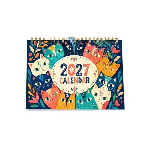 2027 Desk Calendar, 8.27 x 5.51 In Large Spiral Bound Monthly Planner with Colorful Cat Art for Home Office Decor