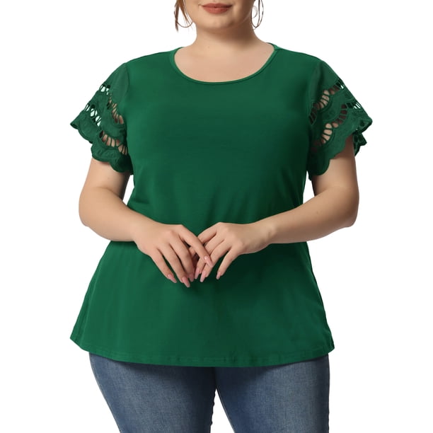 Agnes Orinda Blusas de Verano para Mujeres de Talla Grande con Panel de Encaje y Mangas Cortas Huecas 4X Verde Oscuro