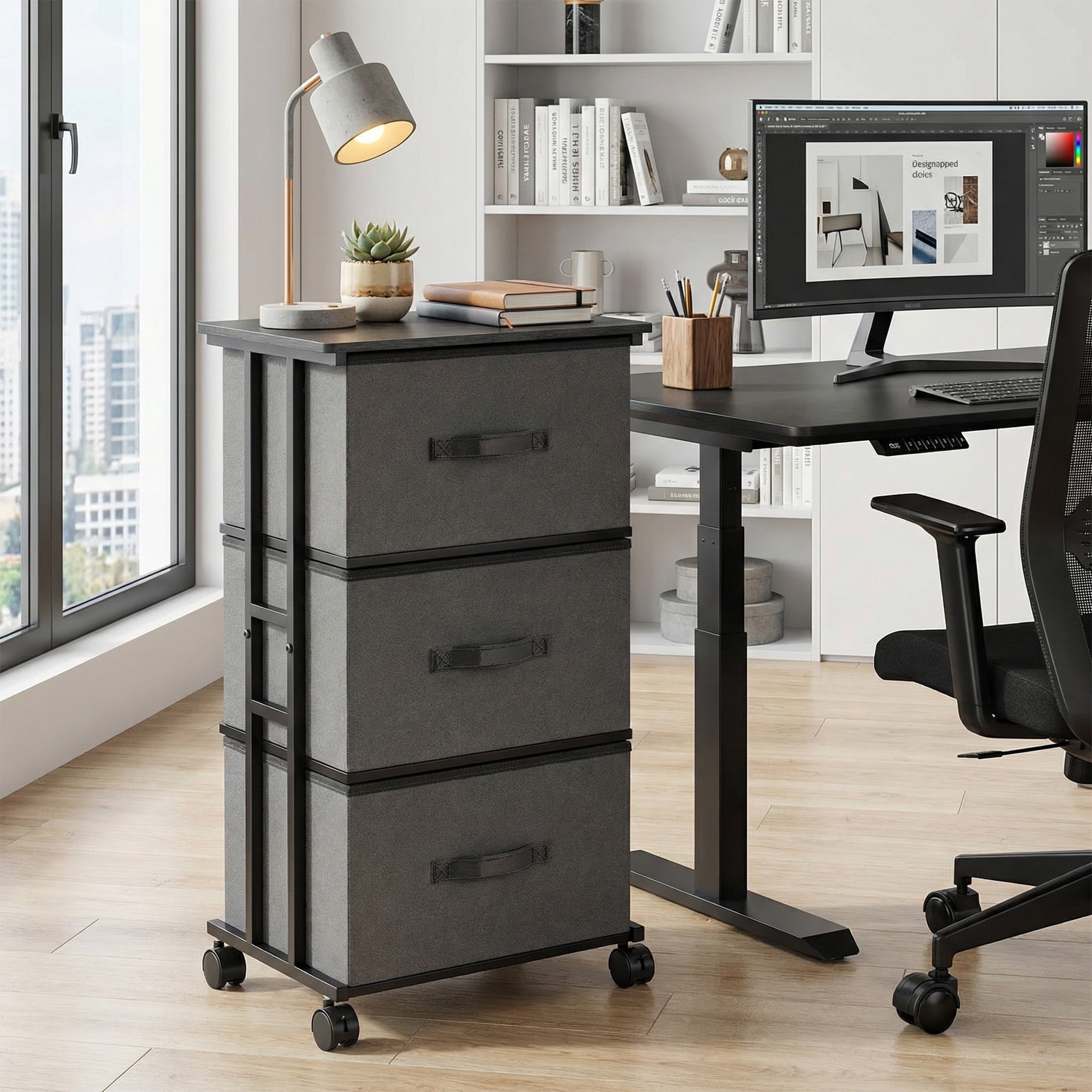 CONCETTA Dresser Storage with 3 Drawers, Storage with Wheels for Bedroom, Home Office, Gray