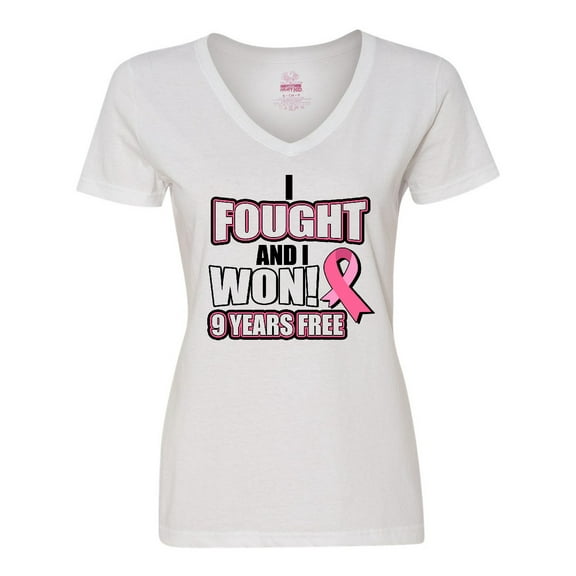 Inktastic I Fought And I Won 9 Years Breast Cancer Free Pink Ribbon Women's V-Neck T-Shirt