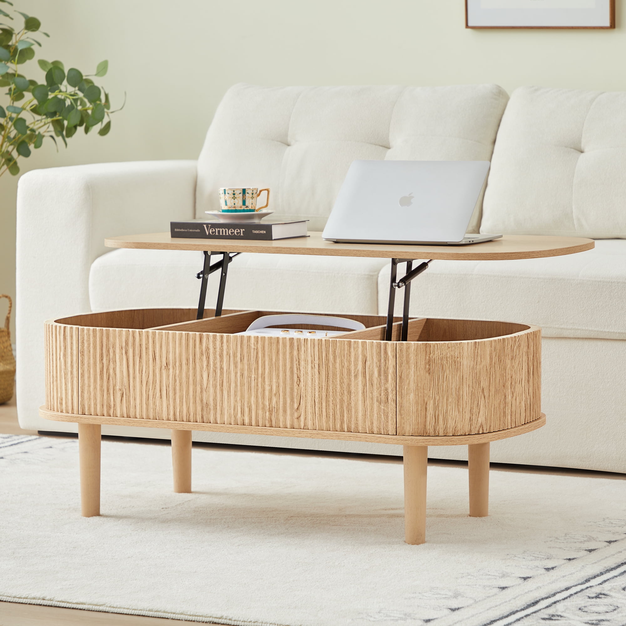 PHOYAL Wood Lift Top Coffee Table with Storage, Fluted Oval Coffee Table with Hidden Compartments for Living Room, Natural