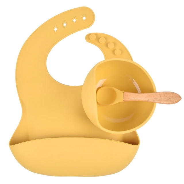 Vajilla infantil de silicona para la cena del bebé, babero de silicona, cuenco complementario, tenedor y cuchara, juego de vajilla de tres piezas para alimentos complementarios para bebés