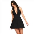 thumbnail image 2 of Vestido Corto Ajustado Sin Mangas con Cuello Halter, Solapa y Espalda Descubierta para Mujer, Plisado, con Botones Al Frente y Corte en A. Negro M, 2 of 9