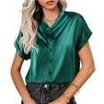 thumbnail image 3 of Blusa con cuello en V y manga corta con un solo pecho, color puro, blusa holgada y ajustada para mujer, 3 of 5