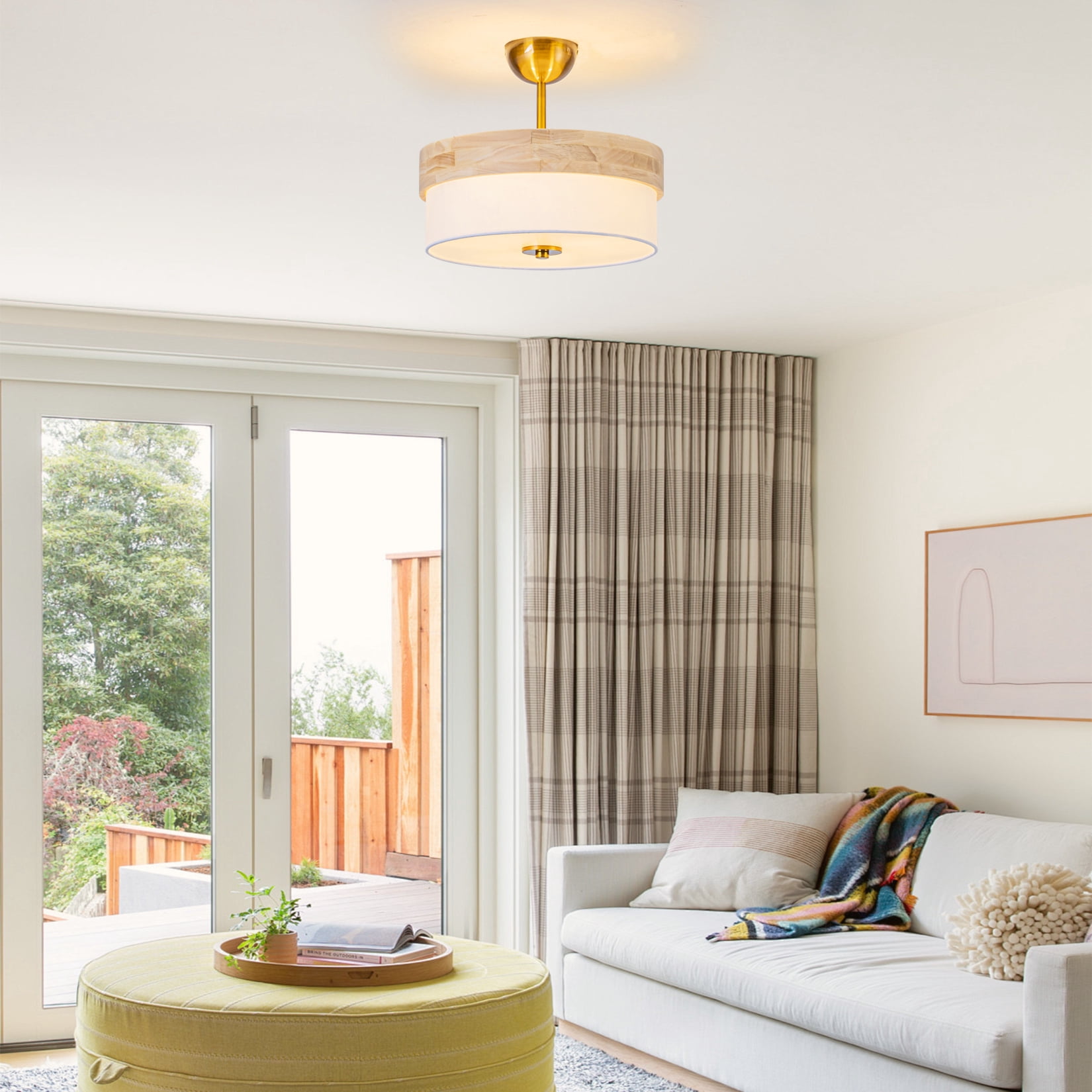 BESTOMINE Semi Flush Mount Ceiling Light Fixture,13 Inch Gold Light Fixtures Ceiling Mount, Natural Wood Frame with White Fabric Shade, Modern Flush Mount Light Fixture for Bedroom, Hallway