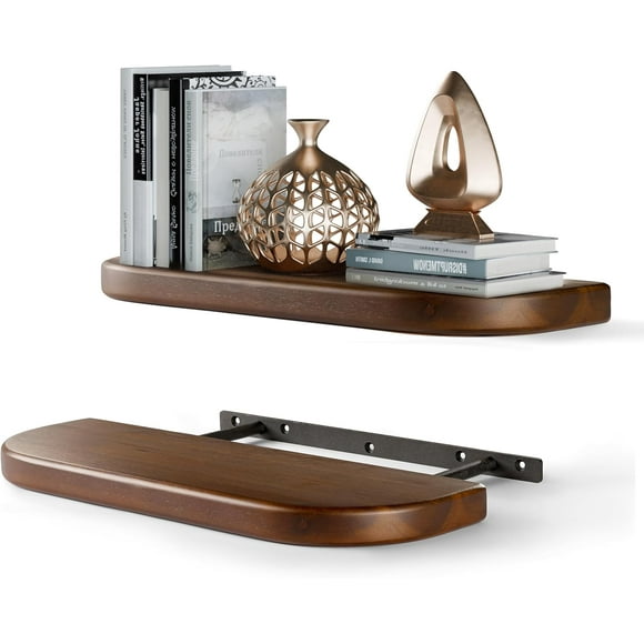 BATODA Set of 2 17" Acacia Wood Floating Shelves Wall Mounted (Round Edge) – Wooden Decorative Wall Bookshelf - Storage Shelf Organizer for Home - Black Brackets and Shelving Mounting Included(Walnut)