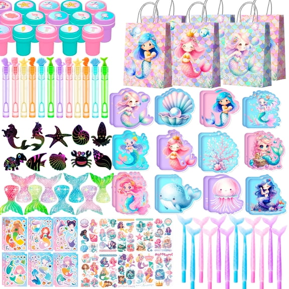 Mermaid Birthday Party Favors Bags Fillers, 108pcs Mermaid Goodie Bags Scratch Painting Bubbles Mini Notebooks Temporary Tattoo Make Your Own Mermaid Sticker etc Mermaid Party Decorations Supplies