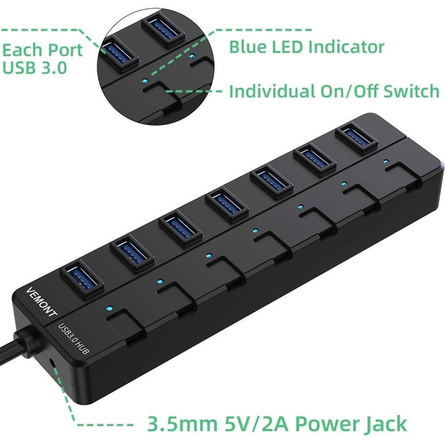 Concentrador USB 3.0 de 7 puertos VEMONT, concentrador USB con interru