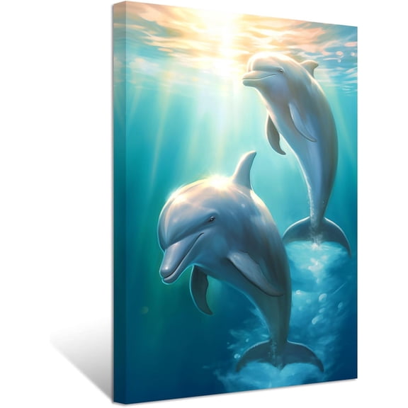 ZHONGYUTONG Dolphin Canvas Wall Art Jumping Dolphin Picture Prints Blue Sea Animal Bathroom Artwork Wall Decor for Kids Room Nursery Framed (12.00" x 18.00")
