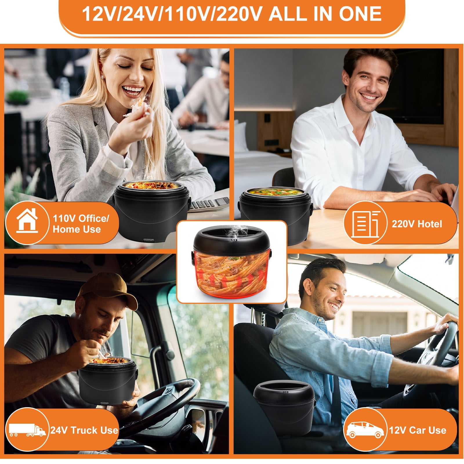 Aotto Electric Lunch Box Food Warmer, 39 oz Personal Food Heater 4 in 1 Heated Lunch Box for Office/Car/Truck/Travel, 12V/24V/110V/220V