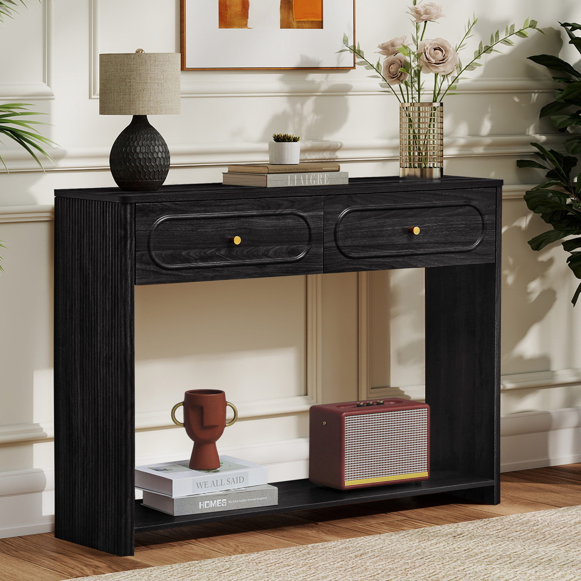 Wirrytor Black Console Table with 2 Drawers for Entryway, Modern Sofa Table for Living Room, Narrow Sofa Table with Open Storage Shelf, Hallway Table and Couch Table Behind Sofa