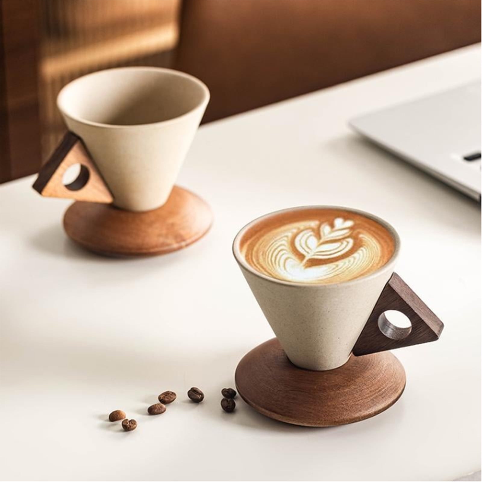 Vintage Terracotta Coffee Mug Set–Handcrafted 8.45oz Ceramic Cup With Acacia Wood Handle & Saucer, Matte Cream Yellow Medieval-Style Espresso Cup For Home/Office/Gifting