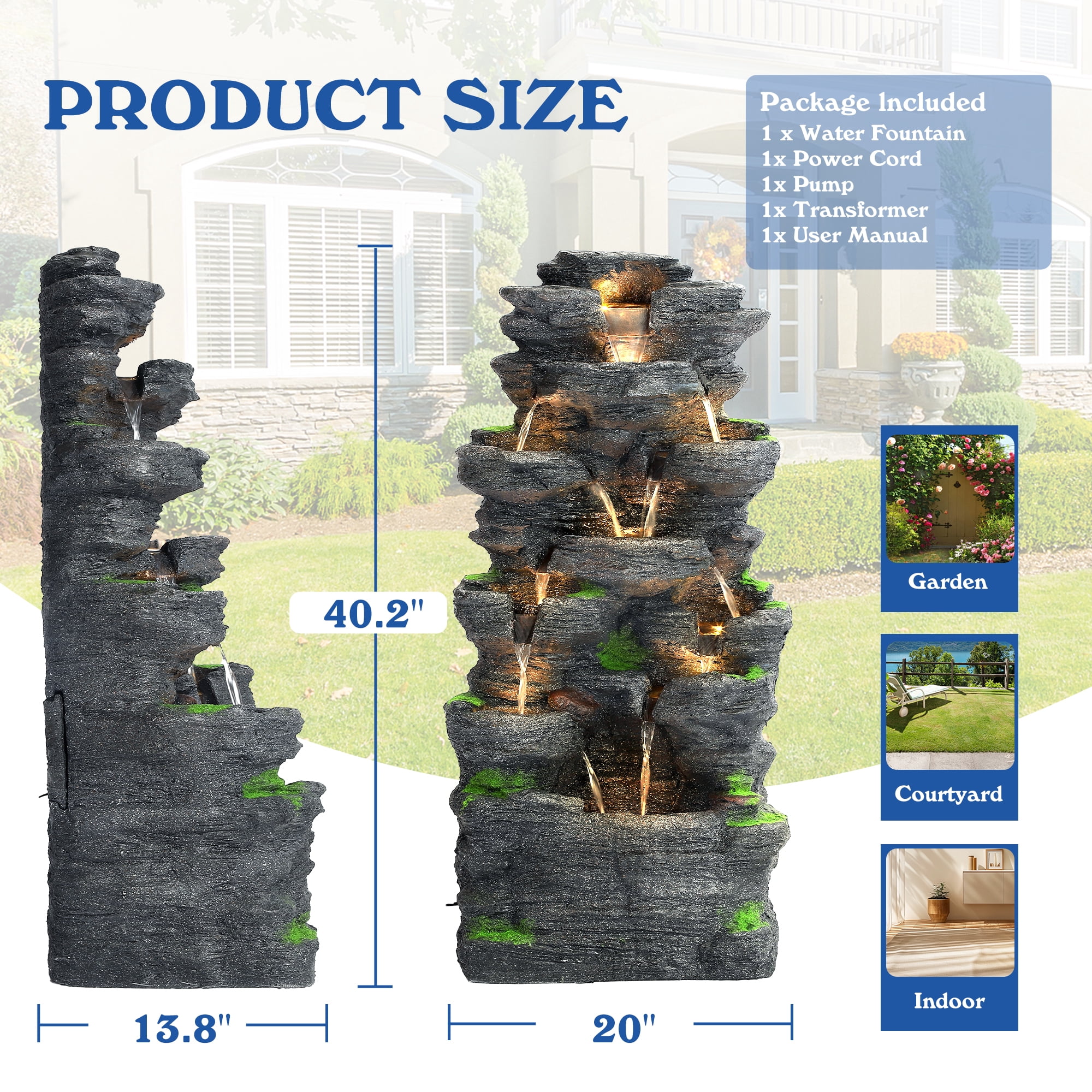 Magic Union 10-Tier Cascading Rock Water Fountain, 40" H Outdoor Freestanding Fountain with LED Lights and Pump, Outdoor Garden Waterfall Decor for Patio, Yard and Deck Decor, Natural Stone Look