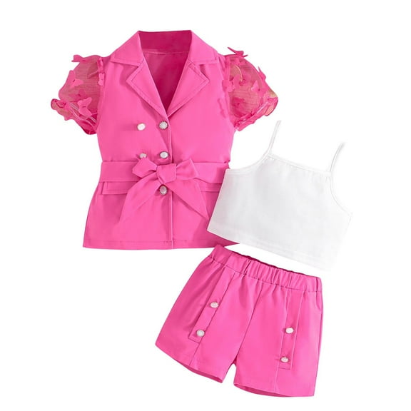 XMMSWDLA Soft Cotton Kids Sets Girl's 2 Piece Outfits Short Sleeve Button Front Jacket & Belted Jumpsuit Sets Hot Pink Kids Formal Dress Sets