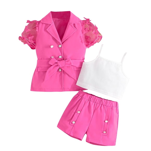 Odeerbi 3-9 Años Trajes de Verano Para Niñas Camisola de Algodón Pantalones Cortos Chaqueta Blazer Trajes Chaqueta Con Solapa de Muesca Conjunto de Tres Piezas