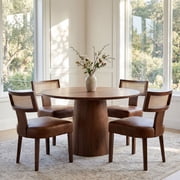 Guyou Modern Rattan Backrest Dining Chairs Set of 2, Mid-century Farmhouse Faux Leather Upholstered Kitchen Chairs Solid Wood Side Chairs for Kitchen Dining Room Living Room, Brown