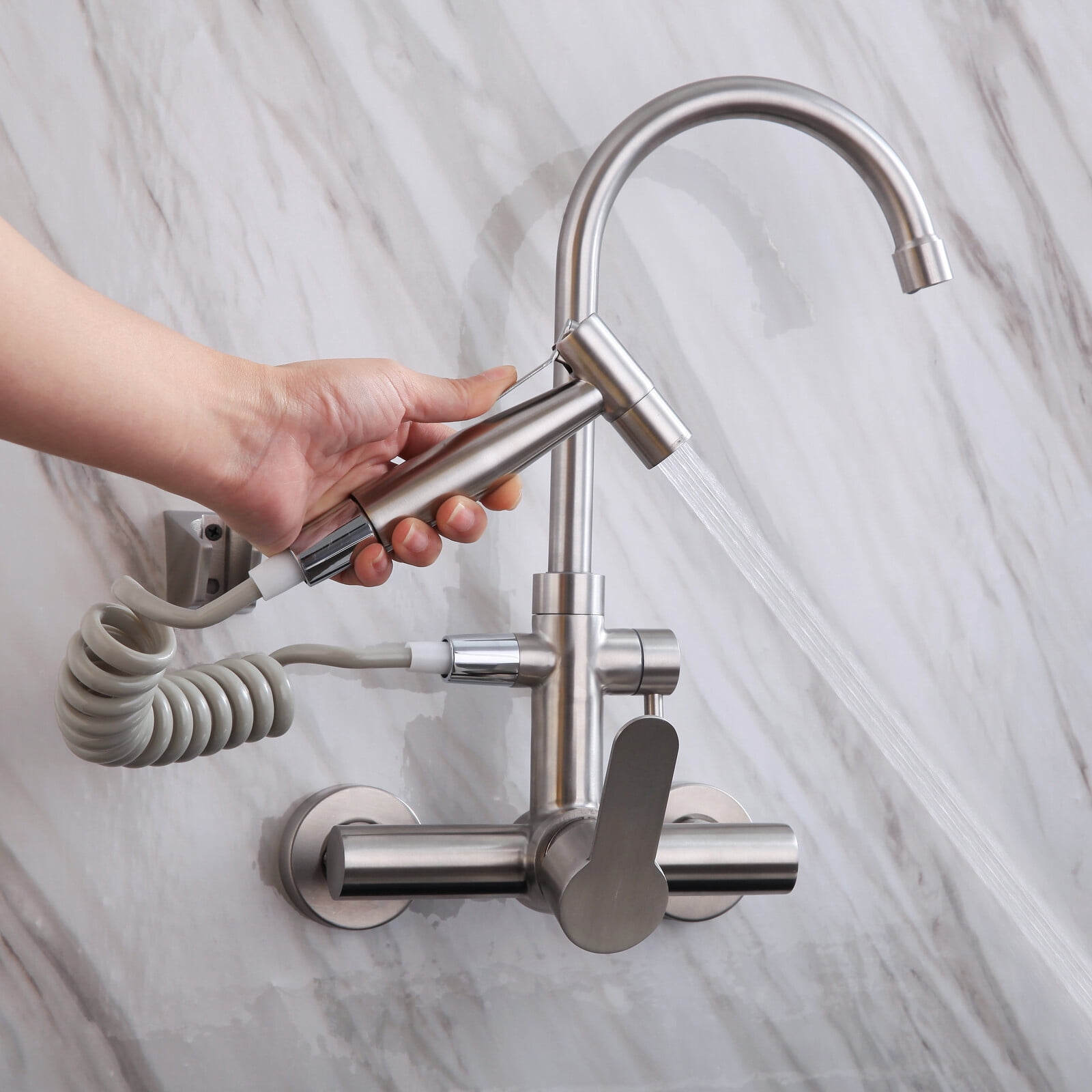 Silver Single Handle Wall-mounted Stainless Steel Faucet 360° Rotation Kitchen Faucet for Homes Restaurants Shopping Centers