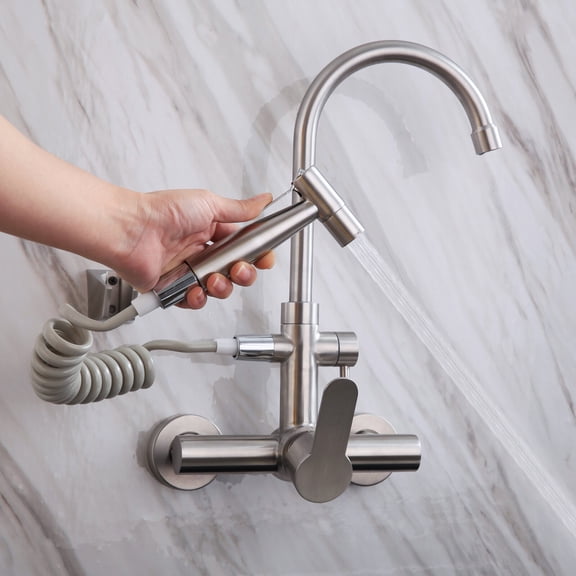 Wall Mount Kitchen Faucet with Sprayer – 360° Rotating Stainless Steel Commercial Sink Faucet, 2-Hole Wall Mounted with Single Handle Hot Cold Water, for Utility Laundry Garage Sink