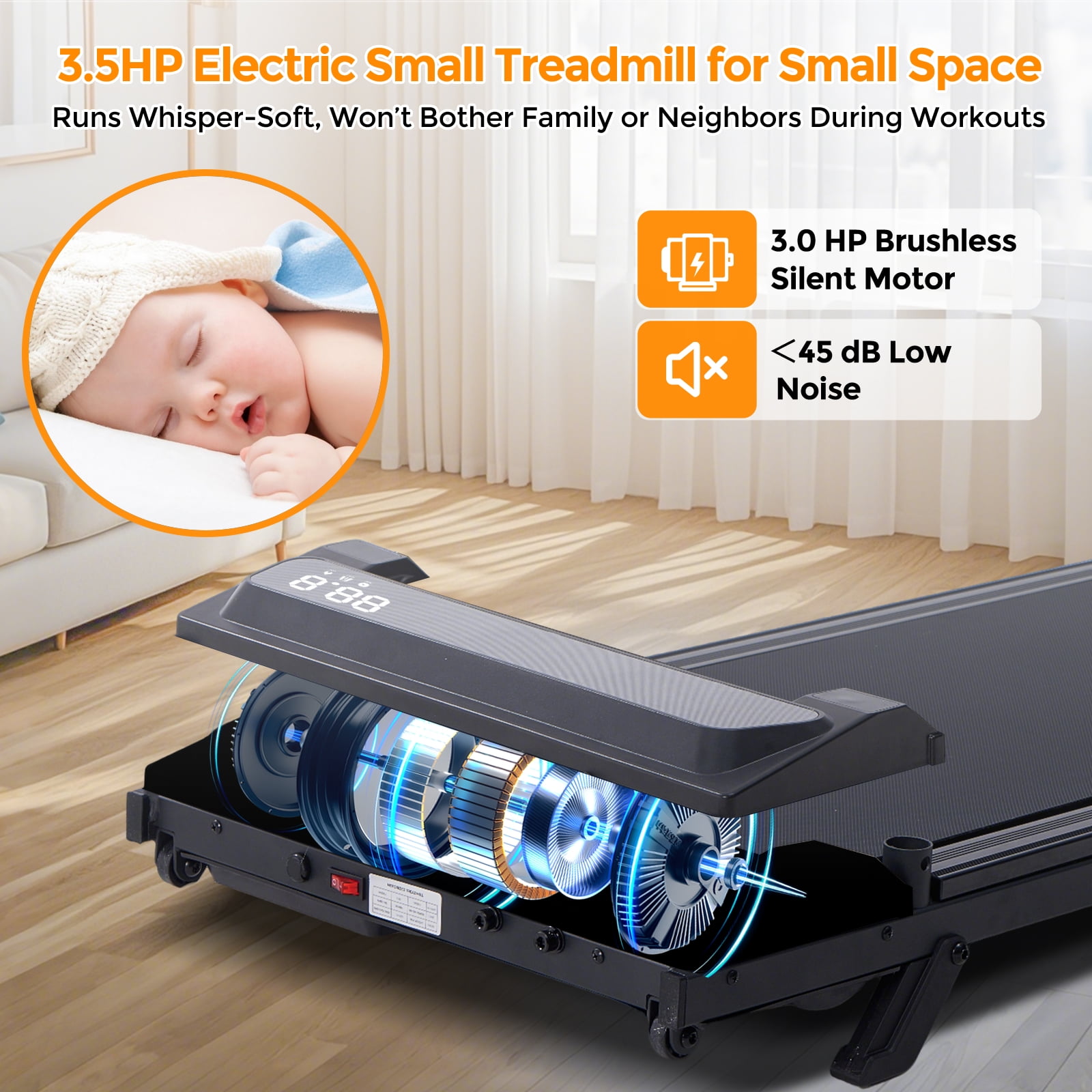 HevGlrm Walking Pad Treadmill with Handles for Home Workouts,Portable Compact Treadmills Under Desk Walking Pads with LED Display,350lbs Capacity