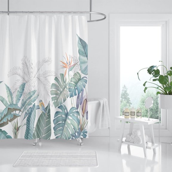 Tropical Plant Shower Curtain, Green Leaf Botanical Shower Curtain Set, Monstera Jungle Shower Curtains for Bathroom, Waterproof Fabric with 12 Hooks, 72 x 72 Inches