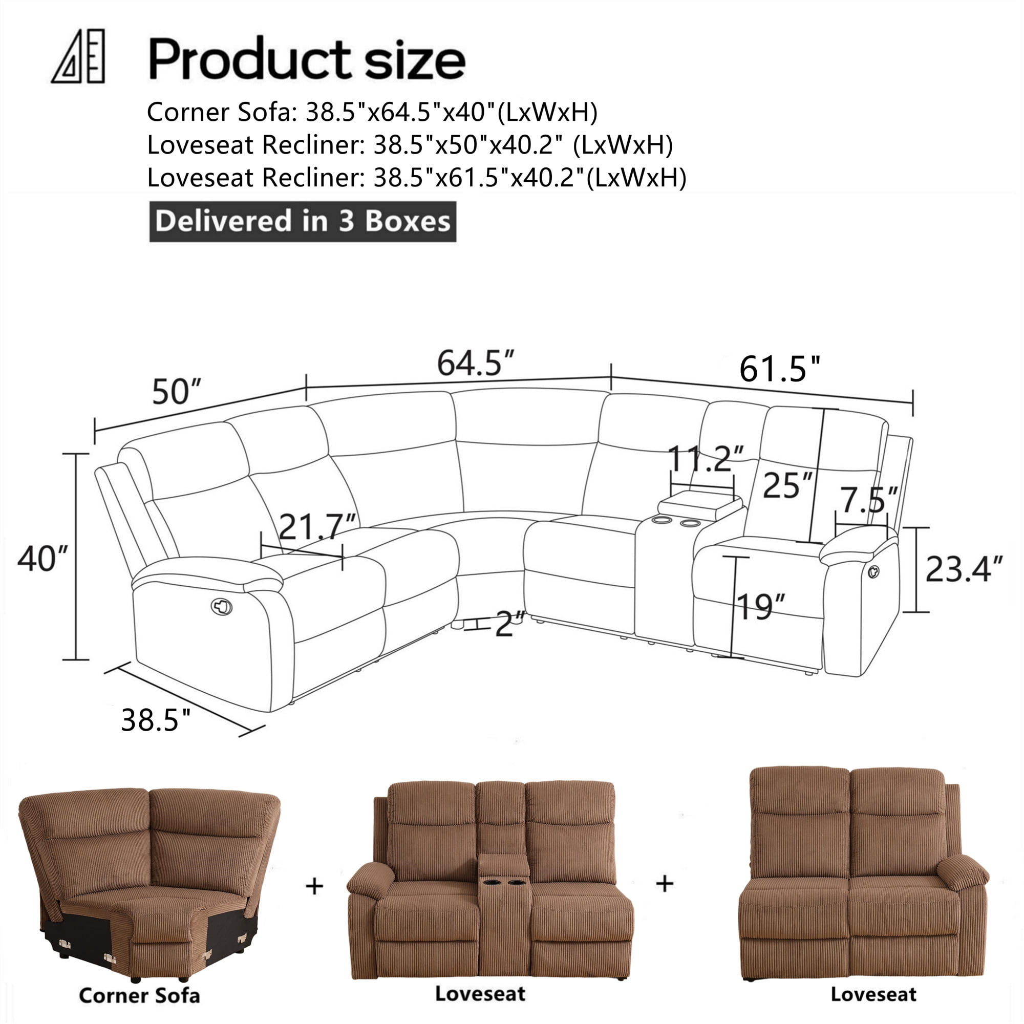 Aukfa 3-Piece Recliner Sofa Set, 5 Seat Sectional Couch with Cup Holders&Storage Console, Corduroy, Brown
