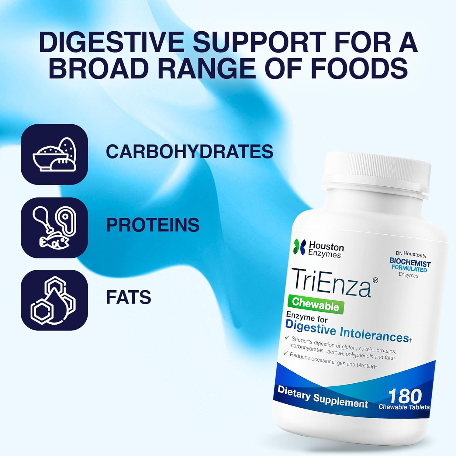 Houston Enzymes TriEnza - Broad-Spectrum Enzyme for Digestive Health Support - 180 Chewable Tablets