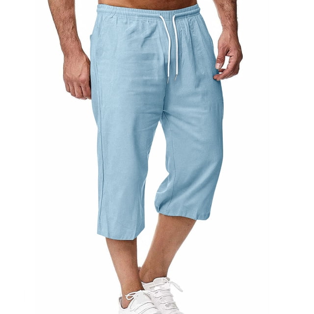 Pocket Chart Stand Style Casual Casual Cordón de Color Sólido de los Hombres Capris con Bolsillo Lateral para Verano Al Aire Libre