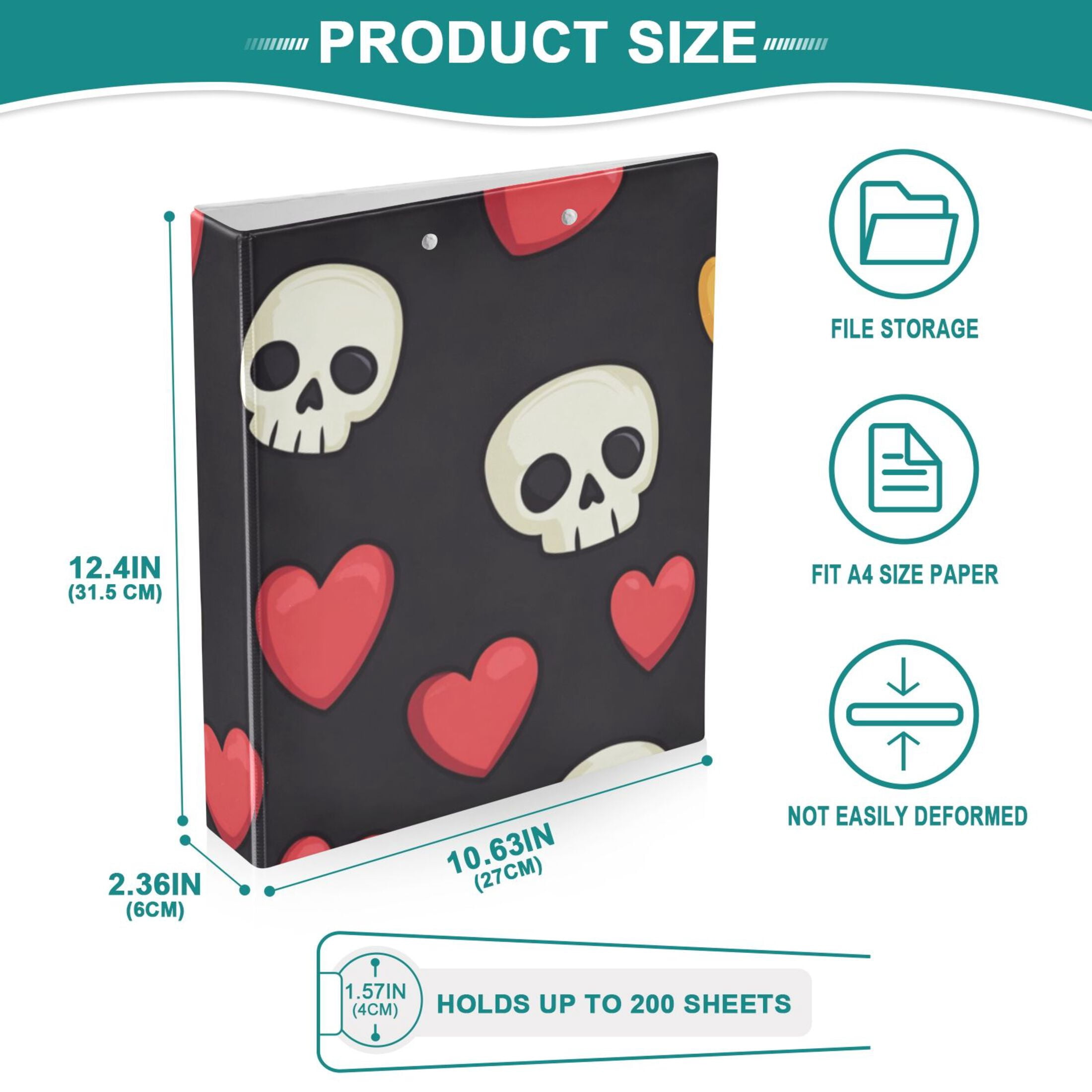 Skulls Hearts 3 Ring Binders 1.5 inch Hardcover File Folders with Interior Pockets A4 Size Organizer for School Office Hospital