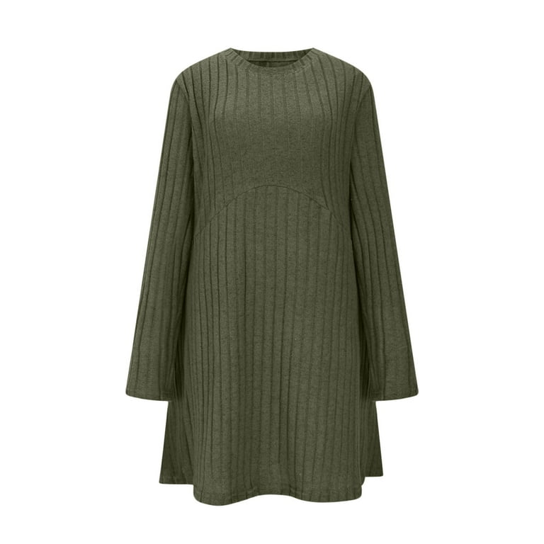 Gakvbuo Knit Sweater Dress For Women Long Sleeve Ribbed Knit Midi Dress A-Line Dress Crew Neck Knee Length Fall Tunic Dress With Pockets