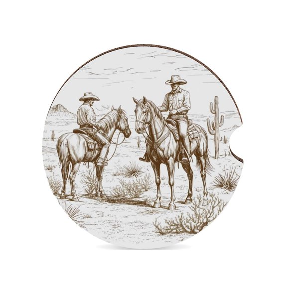 American West Cowboy On Horse And Cactus in The Desert Car Coasters for Drinks with A Finger Notch for Easy Removal Cup Holder Coaster Cute Car Interior Accessories 1PCS