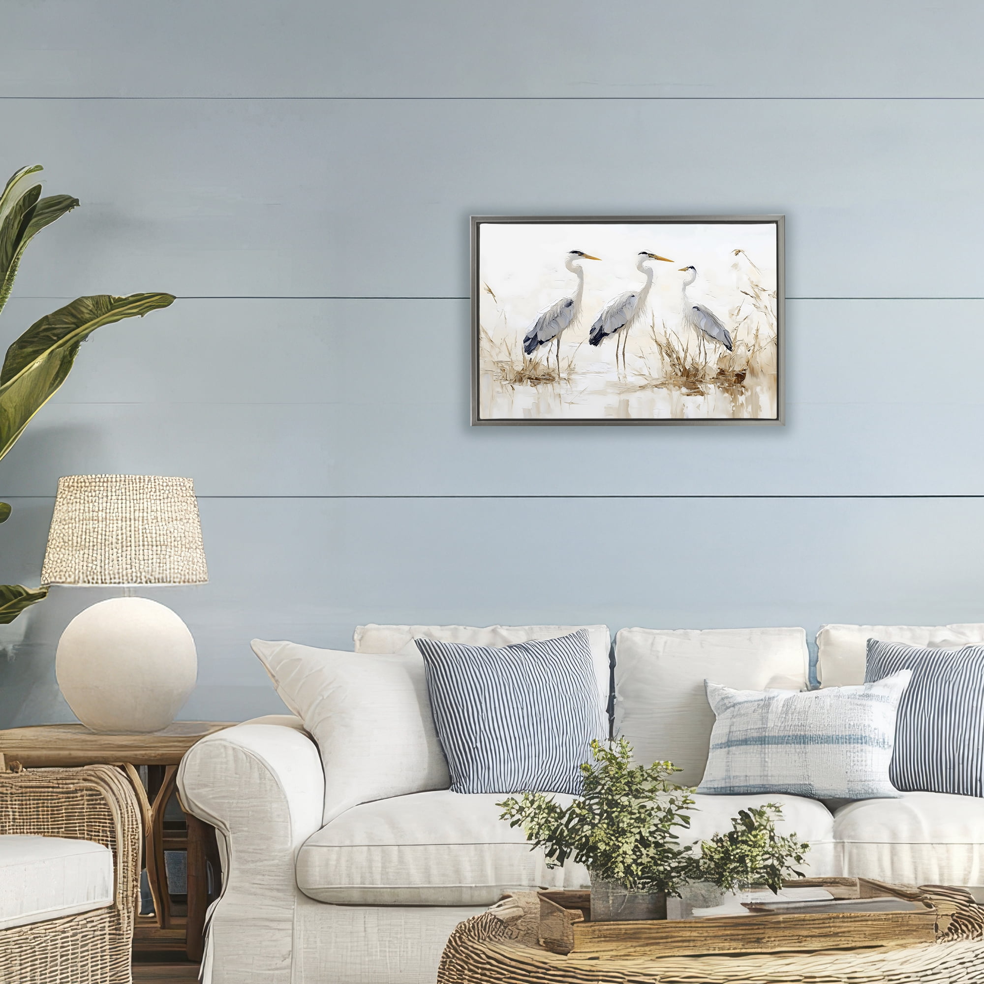Stupell Industries Neutral Blue Herons in Reeds Gray Framed Floater Canvas Wall Art, design by LSR Design Studio