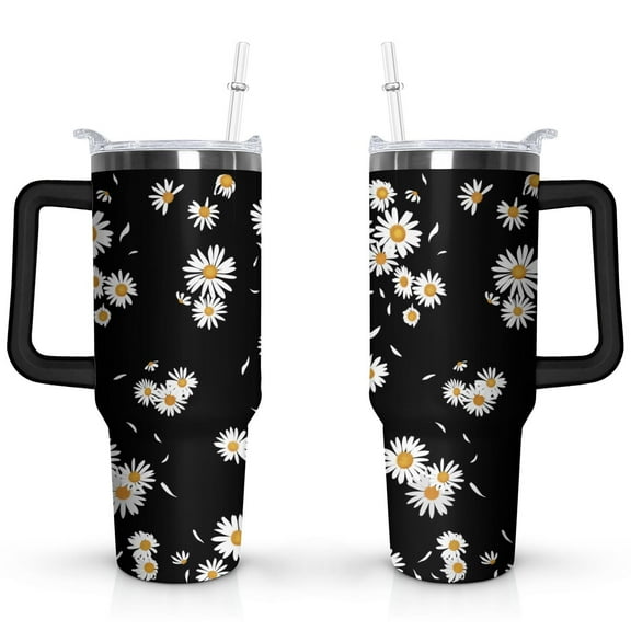 40oz Daisy Tumbler with Handle Lid and Straw,Cute Floral Tumblers Gifts for Women Girls Men Adults(Black)