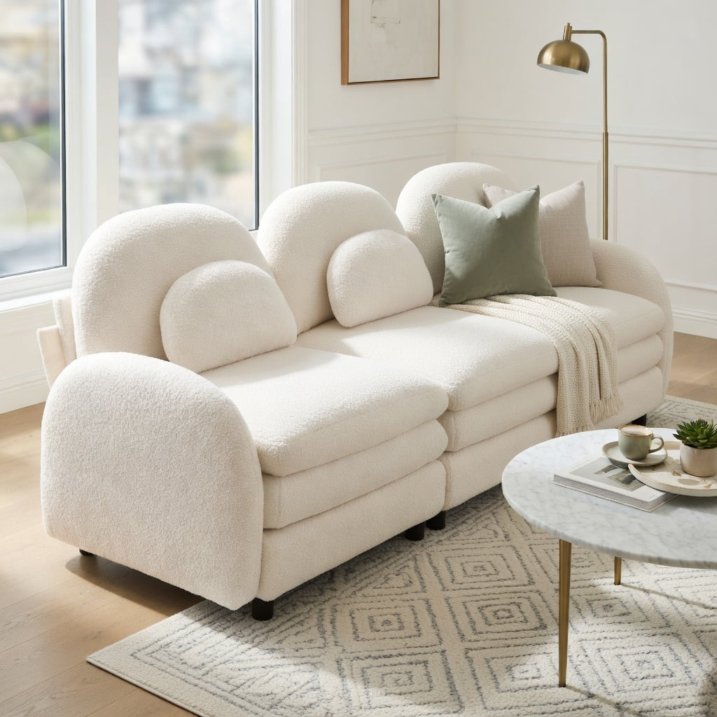 Hommoo Teddy Fleece 4-Seat Modular Sofa Set, Cloud-Soft Curved Backrest, Double-Layer Cushions & Lumbar Support, Living Room Couch, Beige