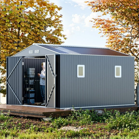 JULY'S SONG 10X12FT Outdoor Storage Shed, Metal Shed with 2 windows & Lockable doors for Lawn, Gray