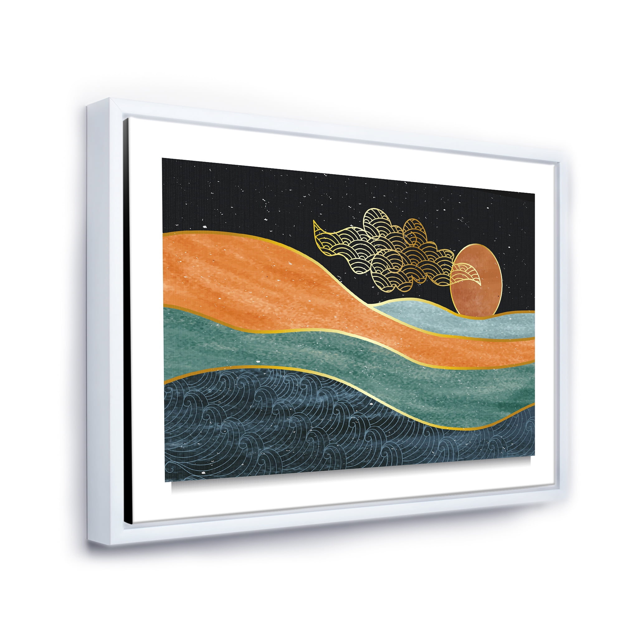 Abstract Nature Sea Sun Sky Mountain Landscape 32 in x 16 in Framed Painting Canvas Art Print, by Designart