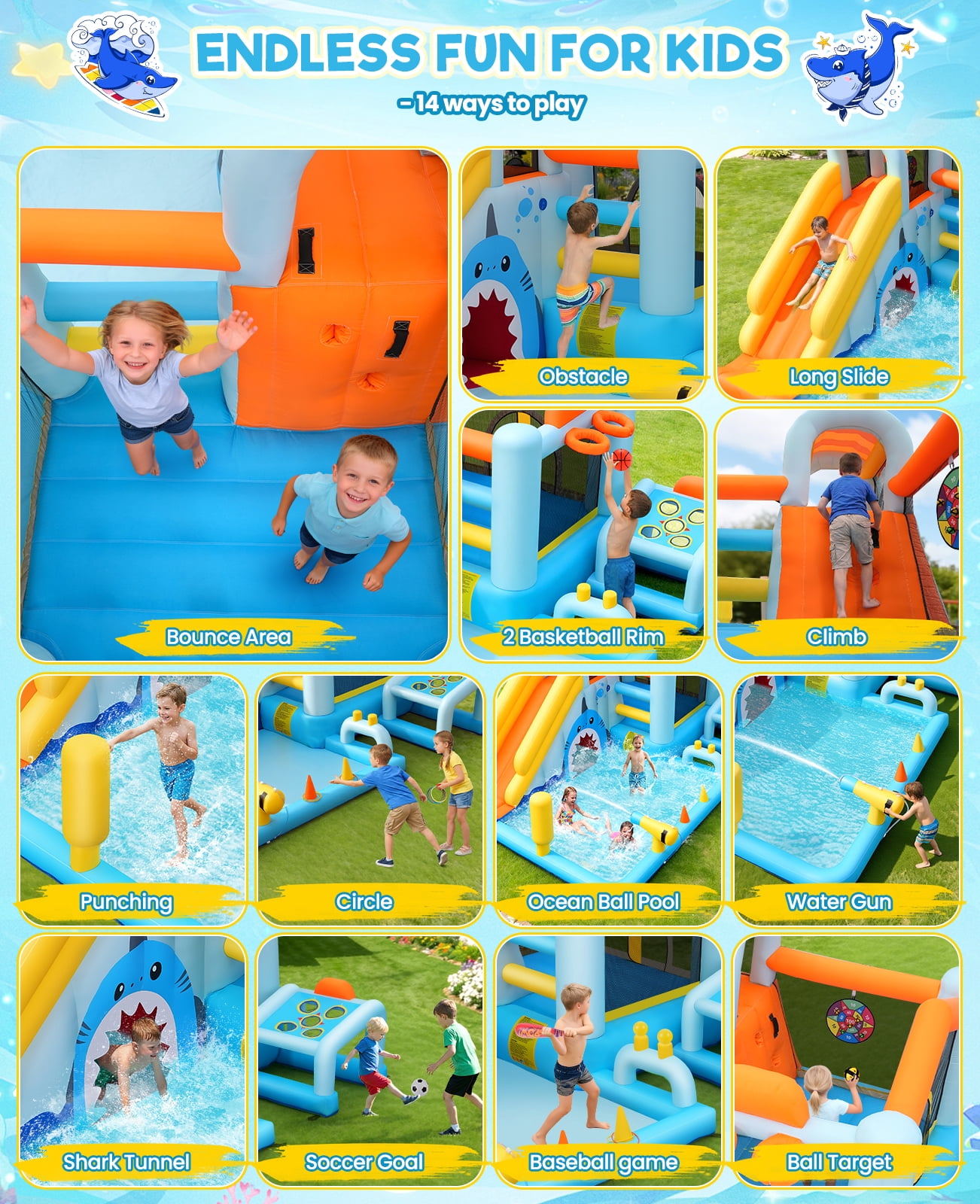 Adnoom 14 in 1 Inflatable Bounce House for Big Kids, Indoor Outdoor Water Slide with Large Pool, 480W Blower, Obstacle Bouncy House with Golf, Water Cannon for Backyard Party Kids 3~12