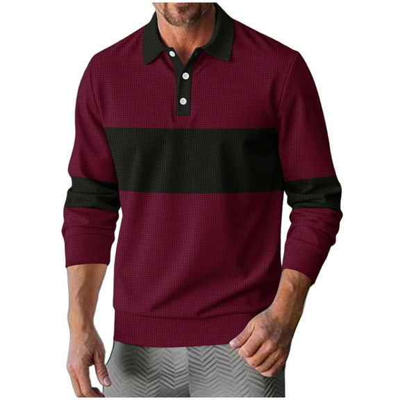 Long Sleeve Tops for Men Fall Trendy Clothes Casual Waffle Knit Sweatshirt Colorblock Button Polo-Collared Shirts (XL, Wine)