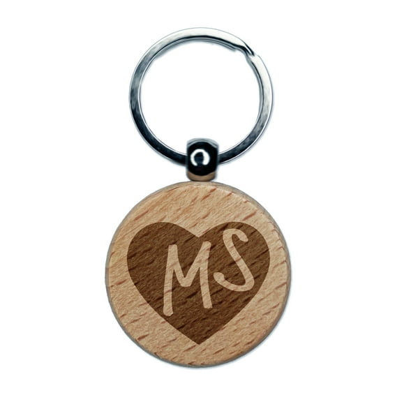 MS Mississippi State in Heart Round Keychain Charm Tag - Engraved Wood